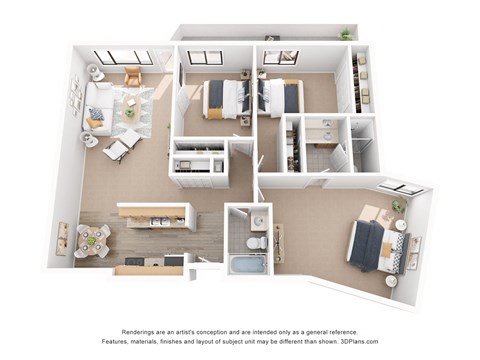 Floor plan for 3 beds, 2 baths, 1250 sqft